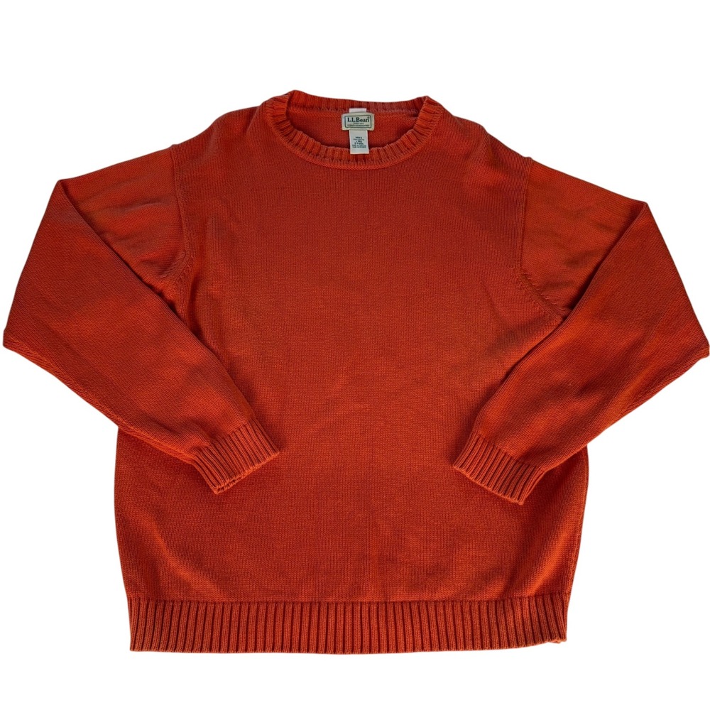 LL Bean Mens Large Orange 100% Cotton Crewneck Sweater Solid Knit L-REG Fall